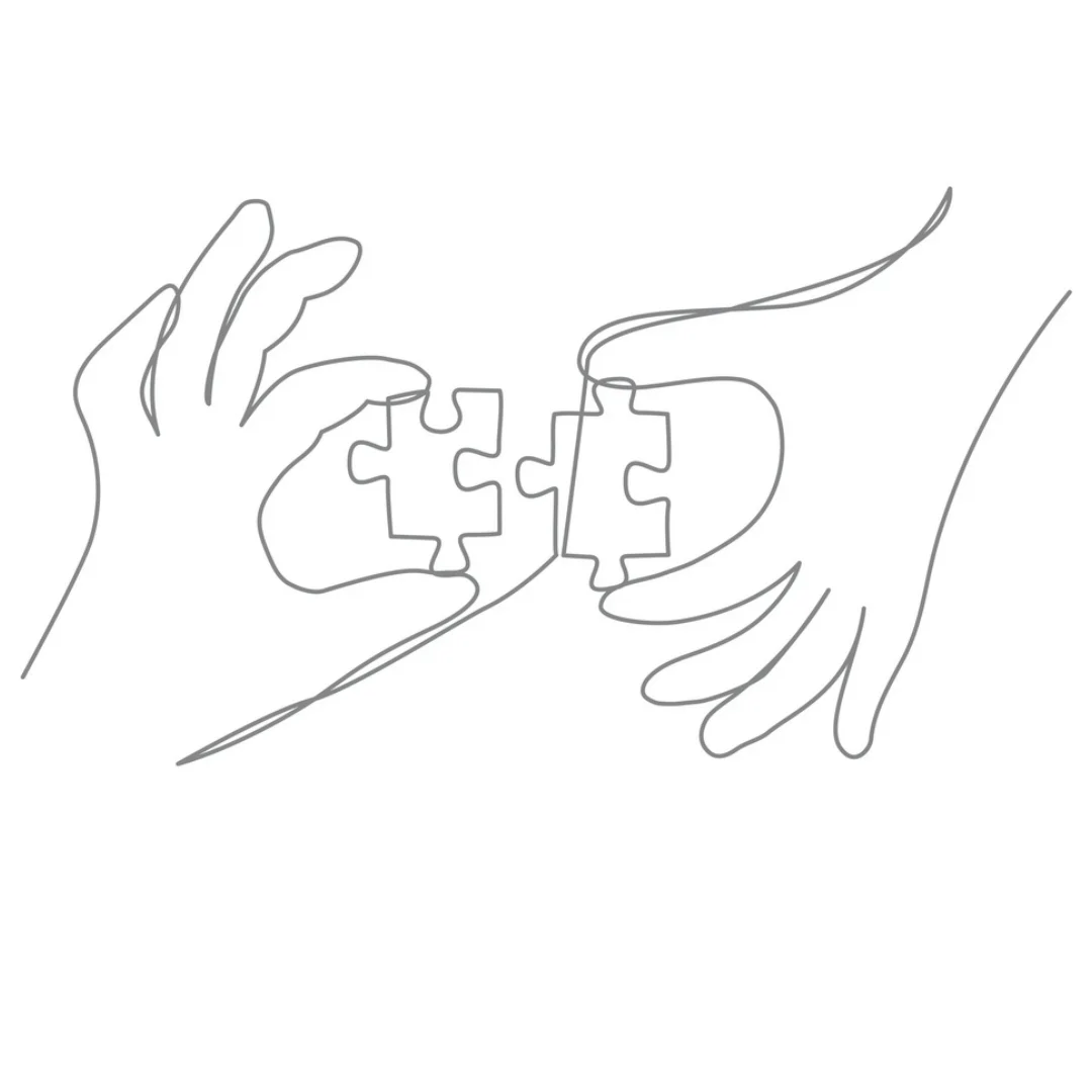 Single-line drawing of two hands fitting two puzzle pieces together.