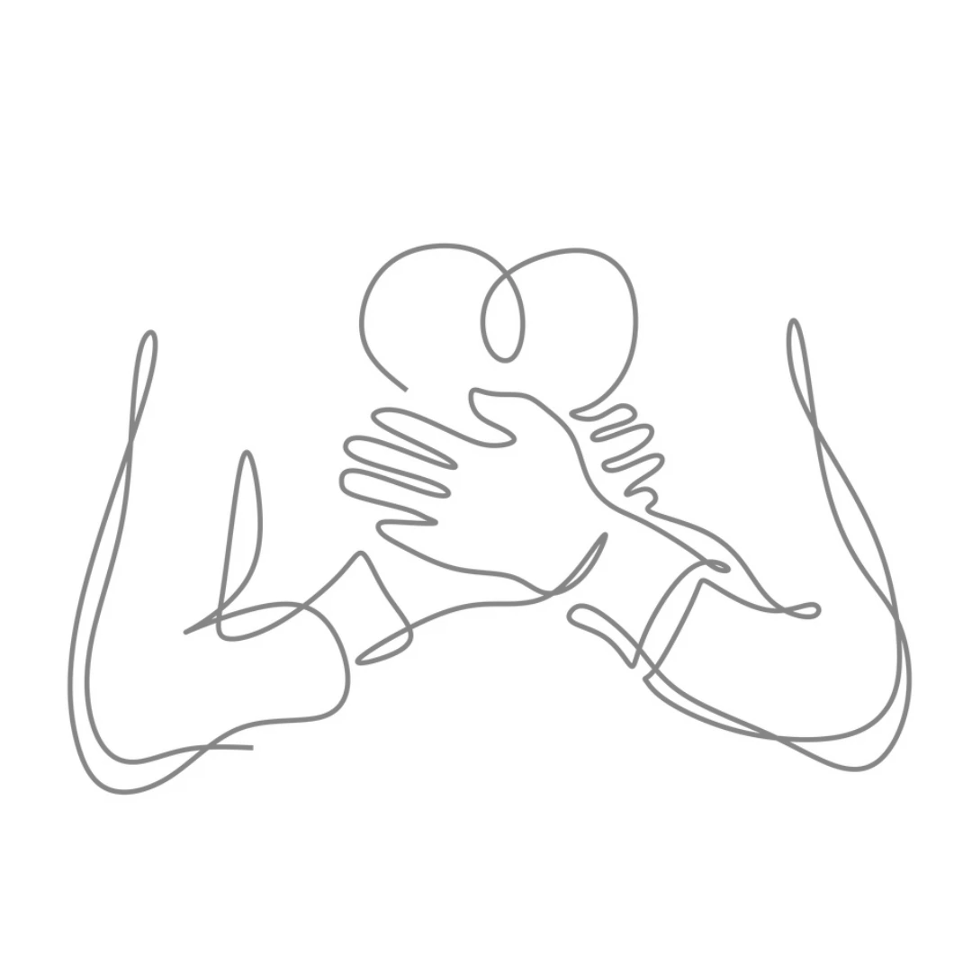 Single-line drawing of two hands cradling a heart between them.