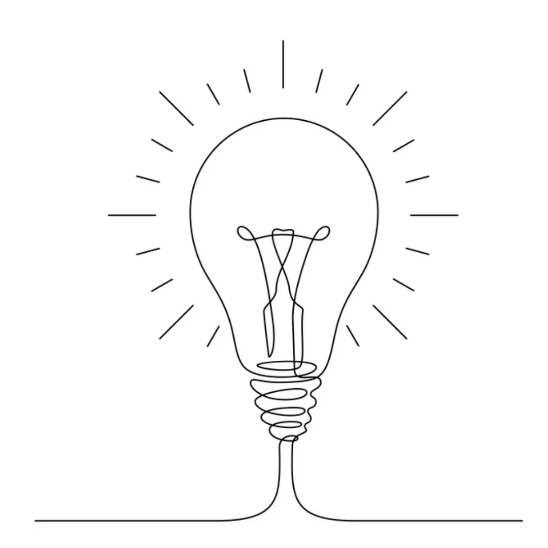 Single-line drawing of a lit light bulb with rays radiating from it.