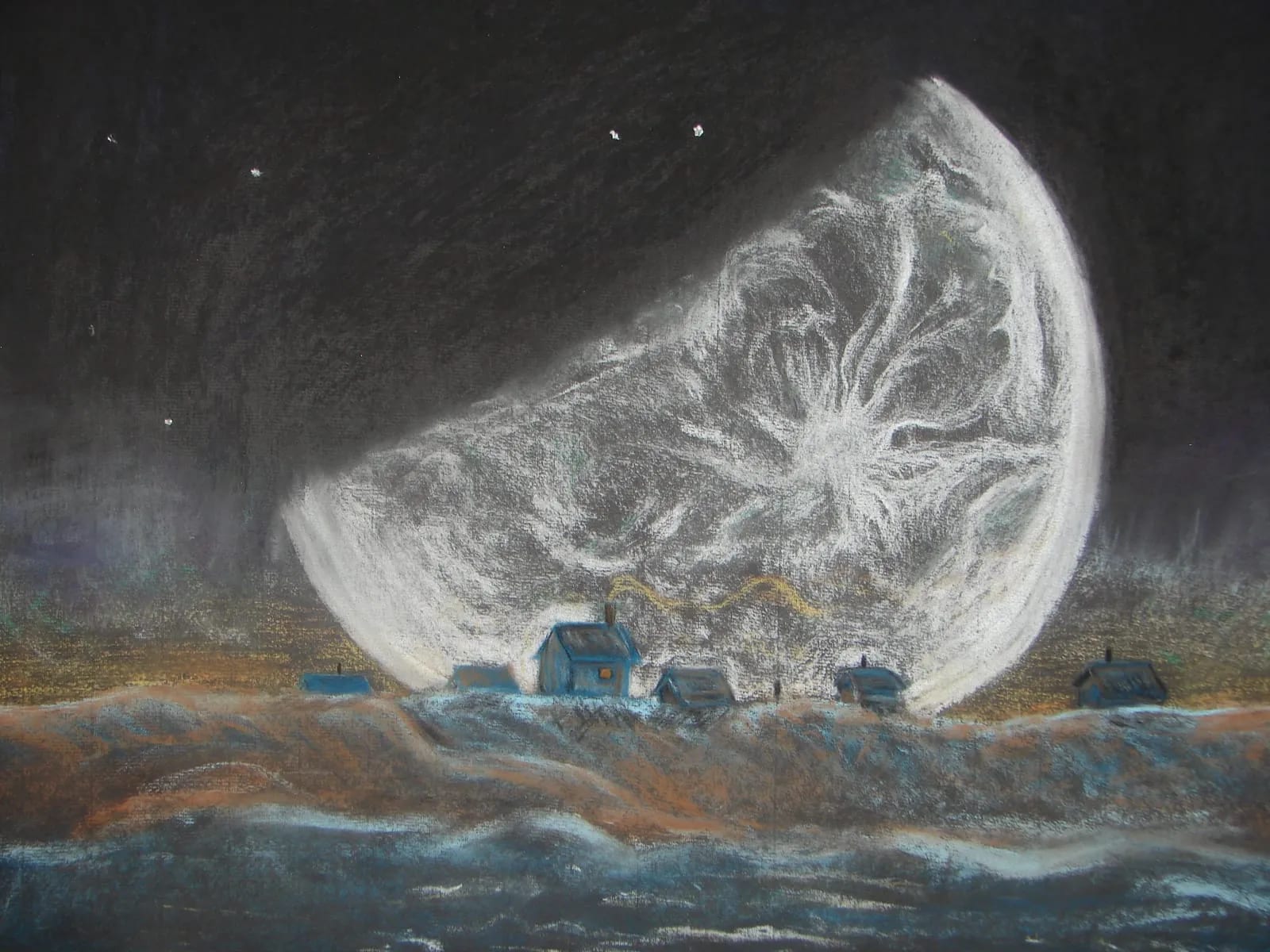 Moon above seaside houses