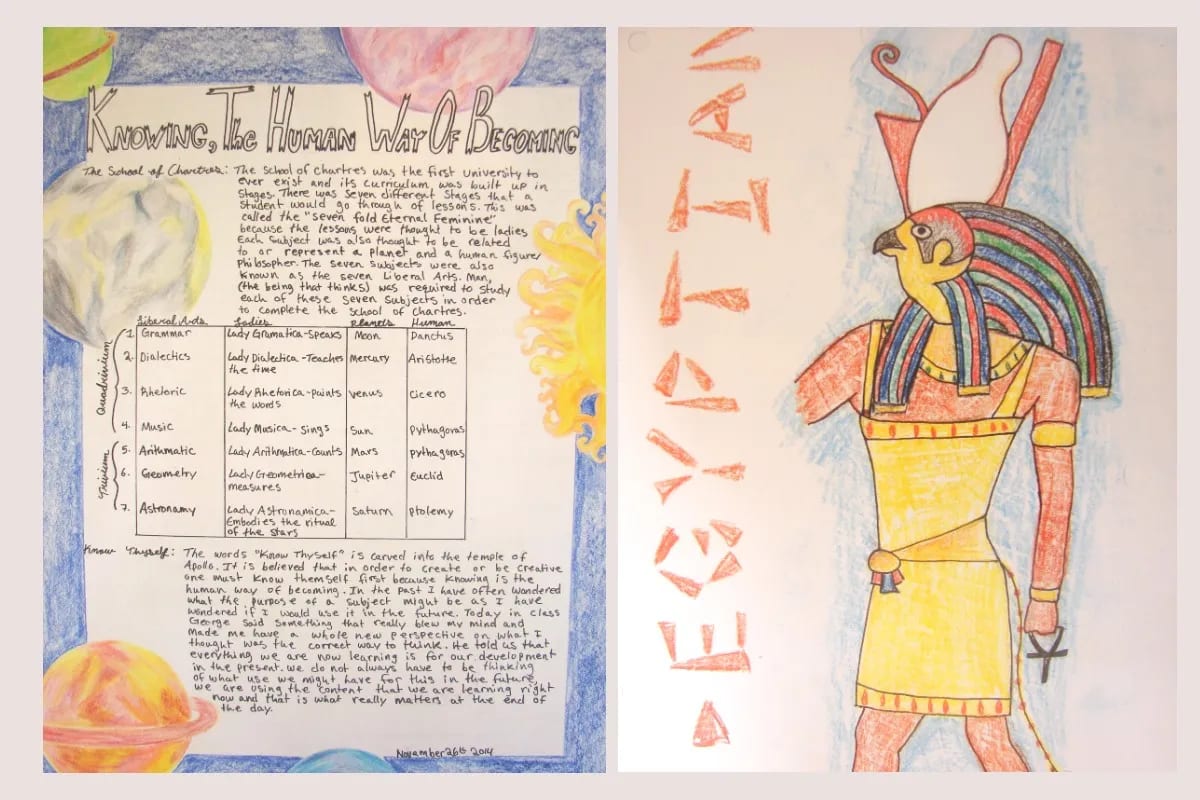 Main Lesson Book pages combine illustrated studies of the School of Chartres and the Egyptian god Horus.